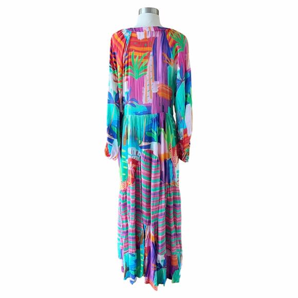 Colorful Maxi Dress Oversized V-Neck Long Sleeves Tropical Bold Print Small NEW - Picture 7 of 7